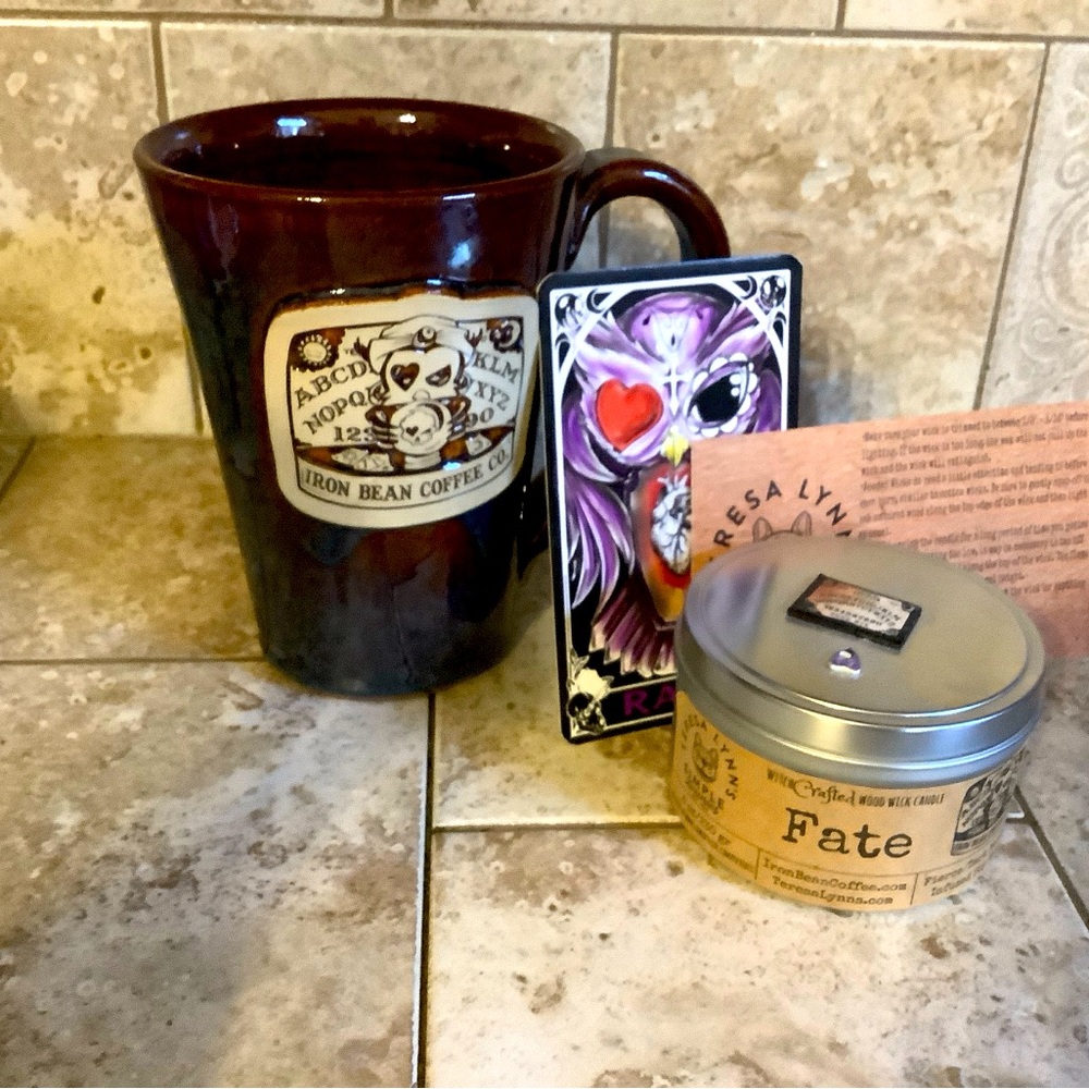 Iron Bean Fate Mug By Sunset Hill Stoneware with Tarot Card and Candle